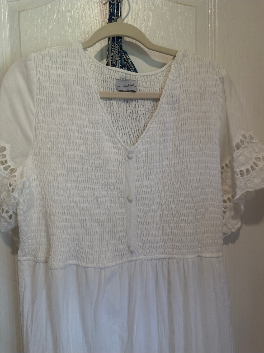 Women’s White Smocked Cotton Midi Dress with Lace Sleeves - Picture 2 of 4